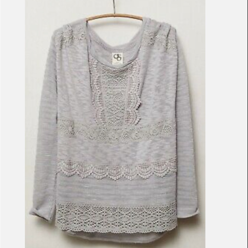 Anthropologie grey sweater with crochet detail